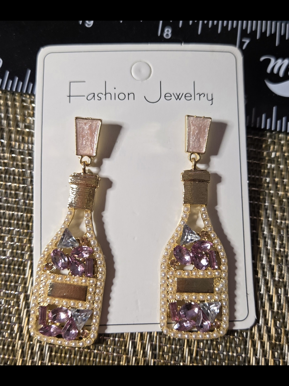 Fashion Jewelry Gold-Tone Pink Crystal Bottle Drop Earrings Wine Champagne - Picture 1 of 4